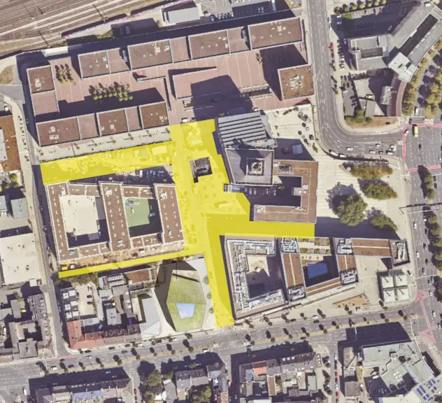 Eine Luftaufnahme der Umgebung des Dortmunder U. In gelb ist der Bereich markiert, der gestaltet werden soll.