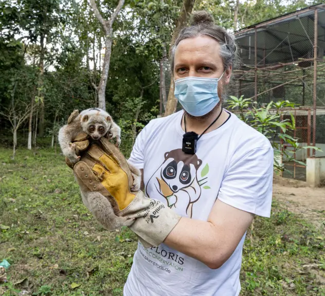 Marcel Stawinoga, Kommunikationsmanager und Artenschutzkoordinator im Zoo Dortmund, mit dem Bengalischen Plumplori Laya, nachdem diesem das Sendehalsband angelegt wurde.