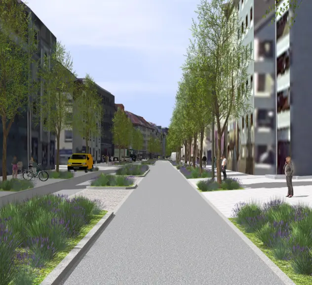 Eine Visualisierung der Saarlandstraße mit mehr Grünflächen.