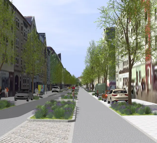 Eine Visualisierung der Saarlandstraße mit Häusern, Bäumen und Passanten.