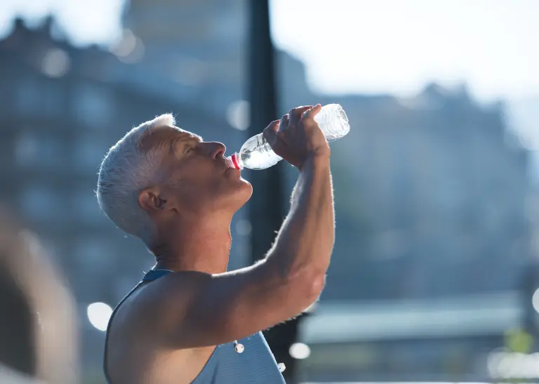 Ein Mann trinkt im Sommer aus einer Wasserflasche