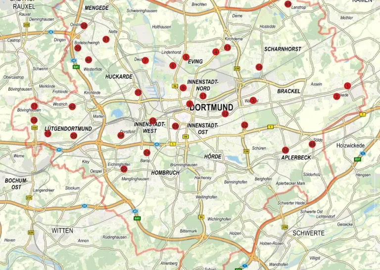 Eine Karte der Stadt Dortmund, die alle 34 Sirenen-Standorte in der Stadt zeigt
