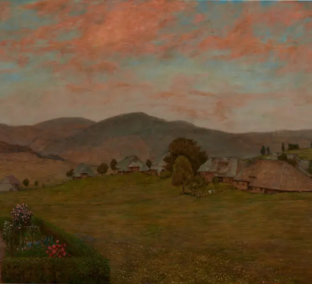 Ein Gemälde von Hans Thoma mit dem Titel 'Johannisabend'. Das Bild zeigt eine ruhige ländliche Szene bei Sonnenuntergang, mit verstreuten Bauernhäusern auf einer grünen Wiese im Vordergrund und sanften Hügeln im Hintergrund. Der Himmel ist in sanften Rot- und Blautönen gehalten, die die friedliche Abendstimmung betonen