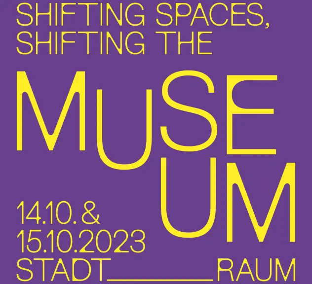 Zu sehen ist das Plakat zur Veranstaltungsreihe Shifting Spaces. Die Schrift ist gelb und der Hintergrund violett.