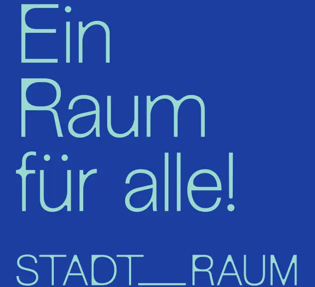 Die Grafik zeigt das Key Visual des STADT_RAUMS mit dem Untertitel "Ein Raum für alle". Der Hintergrund ist dunkelblau und die Schrift mintgrün.