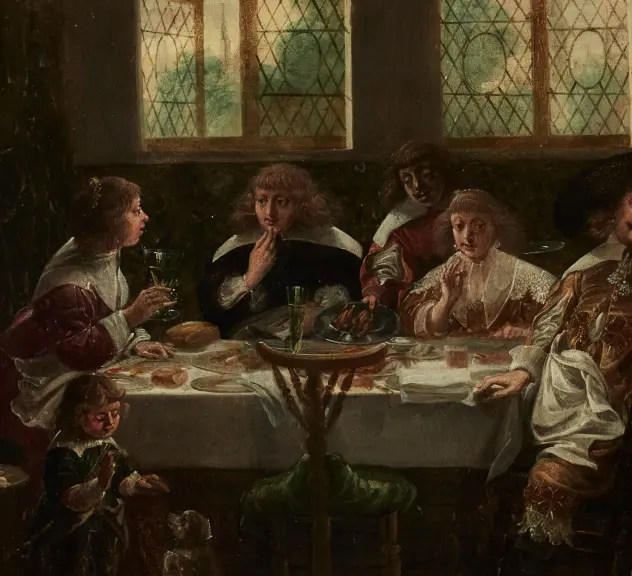 Detailausschnitt eines Gemäldes von Wolfgang Heimbach, das eine Gesellschaftsszene zeigt. Mehrere Personen sitzen um einen Esstisch herum.
