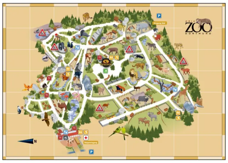 Plan über die Wege im Zoo mit Illustrationen von Tieren, Landschaften und Symbolen für Gastronomie, Toiletten und Baustellen