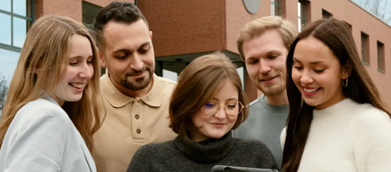 Eine Gruppe von jungen Menschen, welche sich gemeinsam etwas auf dem Ipad anschauen