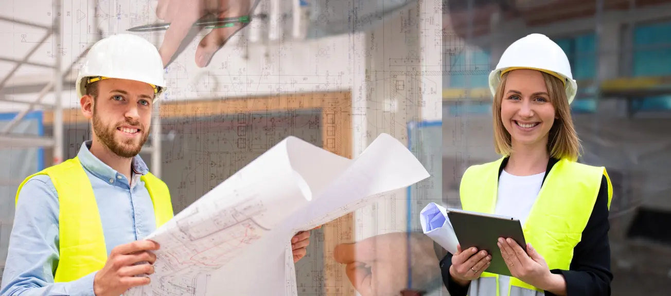 Ein Mann mit Bauplan und eine Frau mit Tablet in der Hand lächeln in die Kamera. Beide tragen einen Helm gelbe Westen.