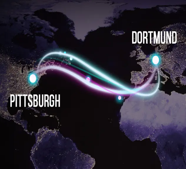 Dunkle Abbildung der Weltkarte mit eingezeichneten Punkten „Dortmund“ und „Pittsburgh“ und einer Verbindungslinie zwischen den zwei Punkten