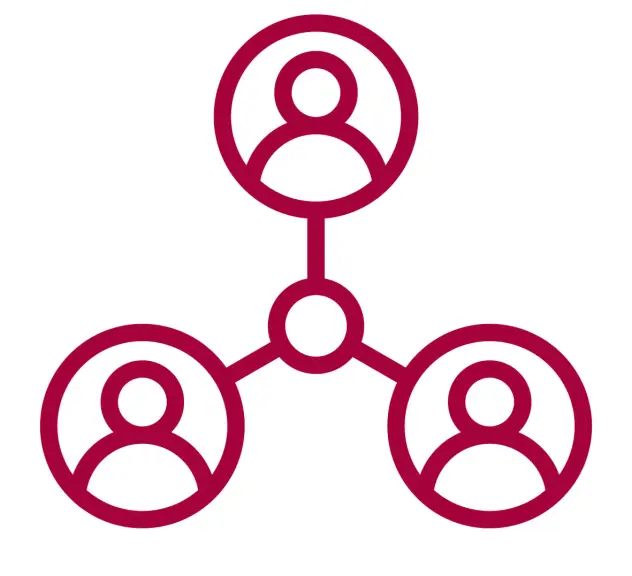 Grafische Darstellung von drei Personen in Kreisen, die miteinander verknüpft sind, als Abbildung eines Netzwerks.