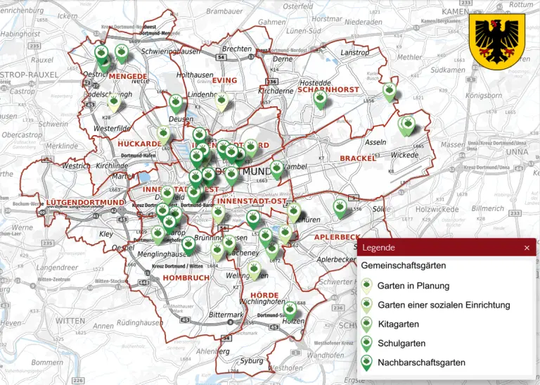 Karte der Stadt Dortmund mit grünen Markierungen für Gemeinschaftsgärten. 