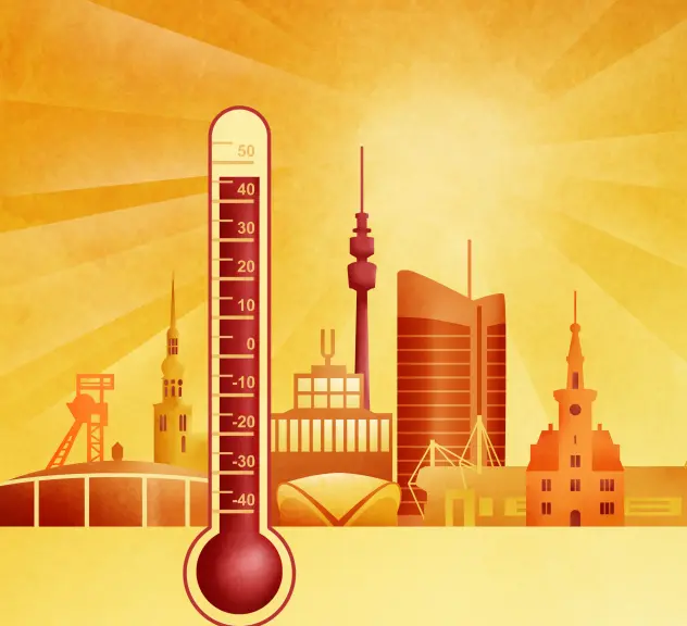 Dortmunder Silhouette mit Sonnenlicht und einem Thermometer