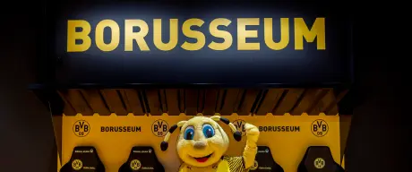 Zu sehen ist BVB-Maskottchen Biene Emma, die auf einer Trainerbank in der Ausstellung des Borusseums sitzt und einen Arm nach oben hält. Über ihr steht auf einer schwarzen Wand in gelben Buchstaben Borusseum. Auf der Trainerbank sind sechs mal BVB-Logos und der Borusseum-Schriftzug zu sehen