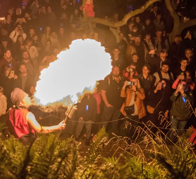 Zu sehen ist ein Feuerspucker und eine große Flamme. Im Hintergrund stehen sehr viele Besucher*innen.