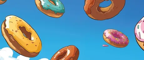 Zu sehen ist eine Grafik mit blauem Himmel und Wolken. In der Luft schweben viele bunte Donuts.