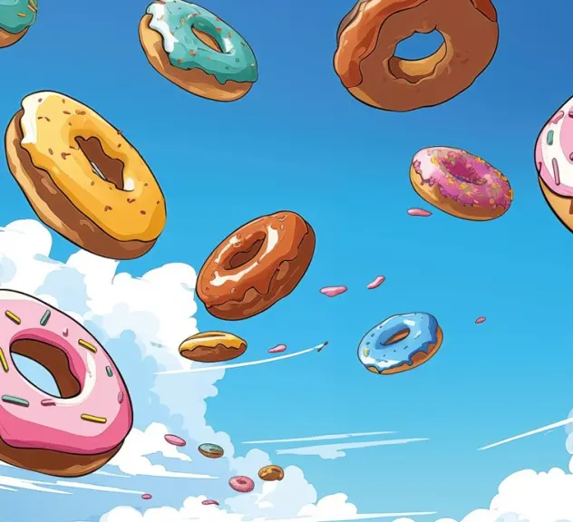 Zu sehen ist eine Grafik mit blauem Himmel und Wolken. In der Luft schweben viele bunte Donuts.