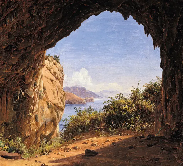 Blick aus einer Grotte auf Capri auf das Meer
