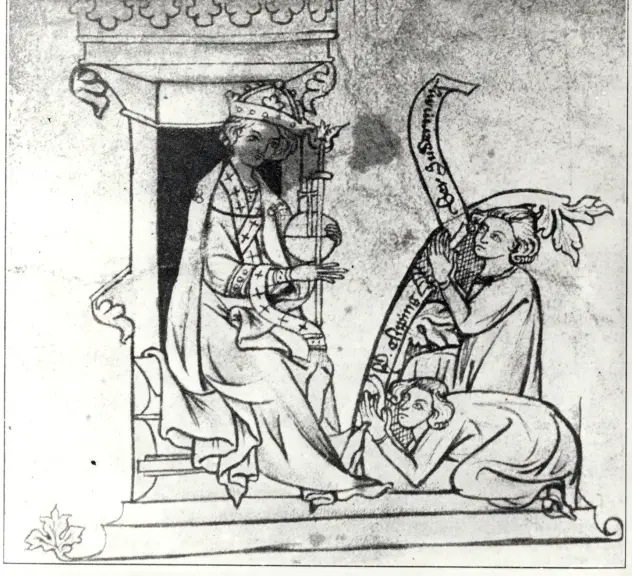 Initiale „L“ der Kaiserurkunde von 1332 in schwarz-weiß