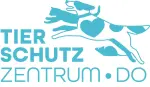 Ein blauer Schriftzug: "Tierschutzzentrum Dortmund" mit der Grafik eines springenden Hundes. 