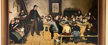 Gemälde im Rahmen zeigt eine Szene einer historischen Schulstunde