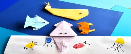 Meerestiere aus Origami: Ein Krebs, ein Wal, ein Fisch