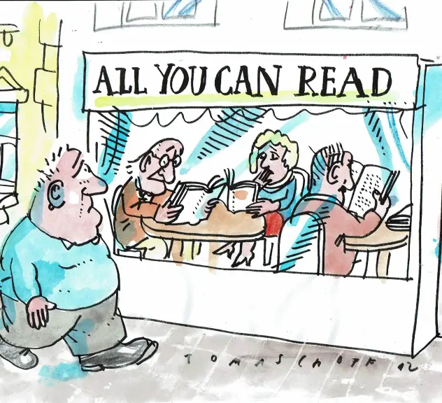 Auf dem Cartoon sieht man einen Mann der traurig-blickend in das Schaufenster eines Ladens schaut. Dort lesen alle Bücher. Die Überschrift lautet "All you can read"