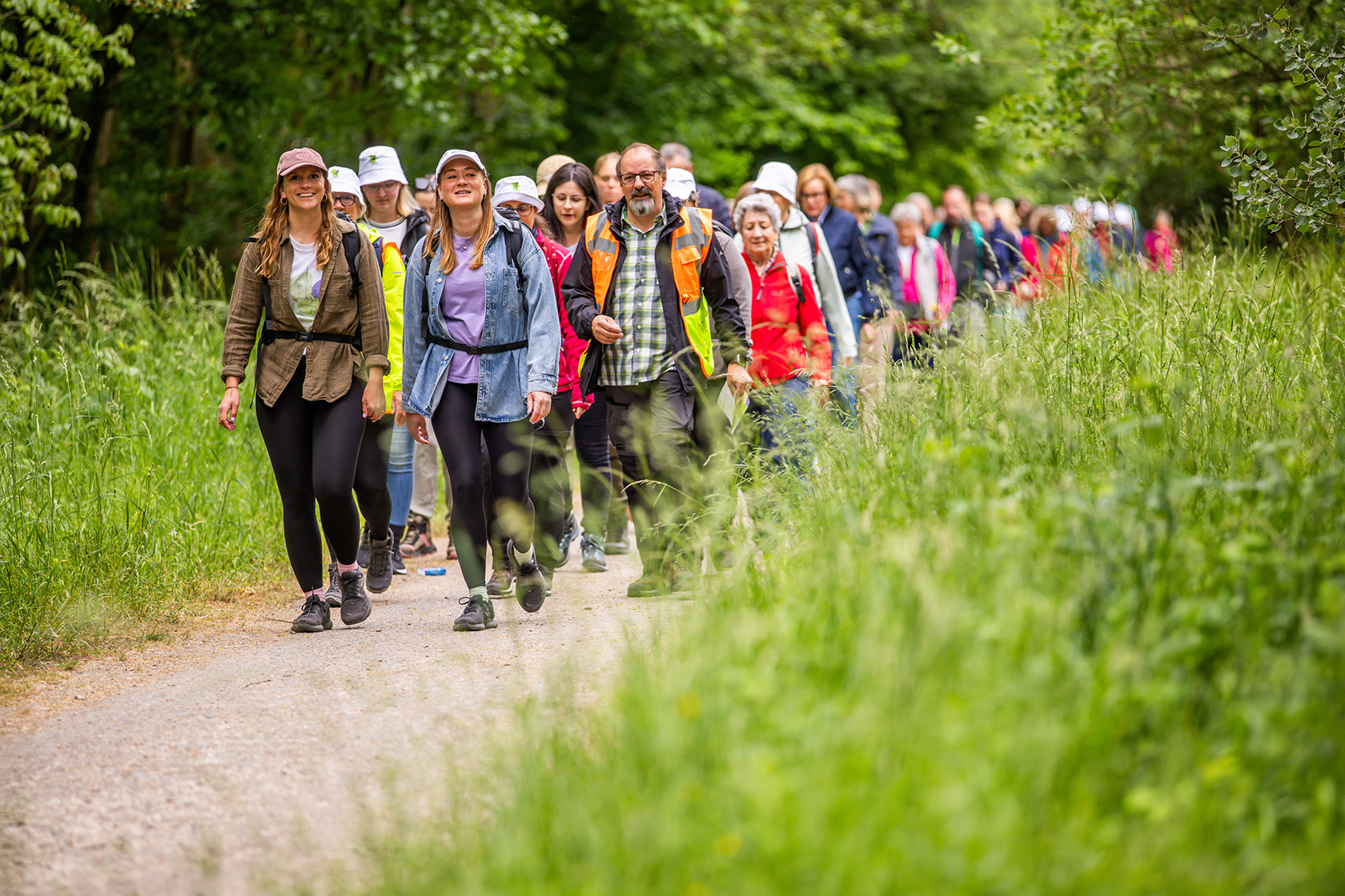 Eine Gruppe Menschen wandert auf einem Weg neben einem Wald.